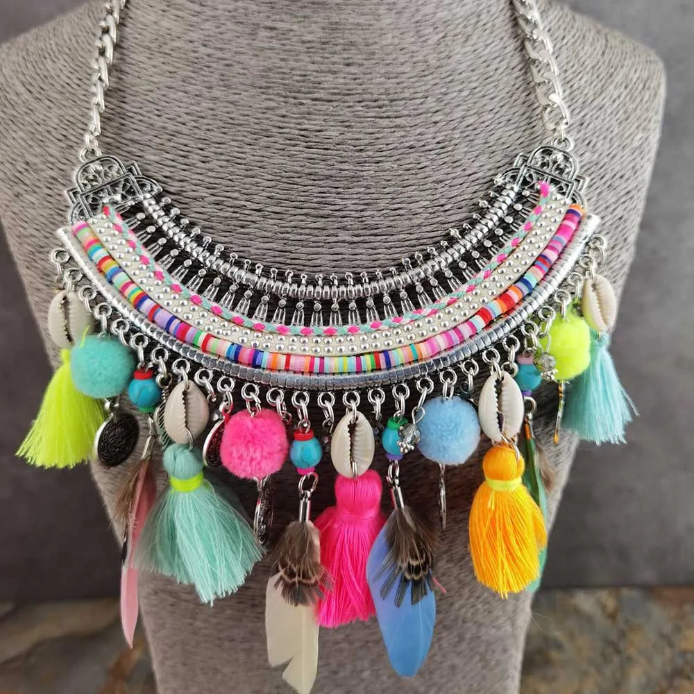 Bohemian Necklaces Pendants Women Handmade Pompom Collar Bib Choker Statement Necklace Ethnic Fashion Jewelry