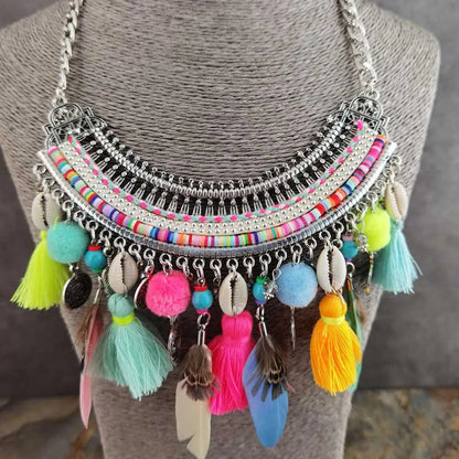 Bohemian Necklaces Pendants Women Handmade Pompom Collar Bib Choker Statement Necklace Ethnic Fashion Jewelry