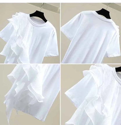 Patchwork Ruffle White Tops For Women O Neck Short Sleeve Casual T Shirt Female Fashion New Clothing 2022 Summer