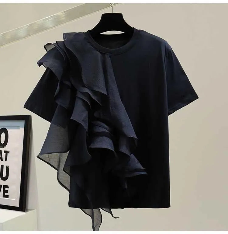 Patchwork Ruffle White Tops For Women O Neck Short Sleeve Casual T Shirt Female Fashion New Clothing 2022 Summer