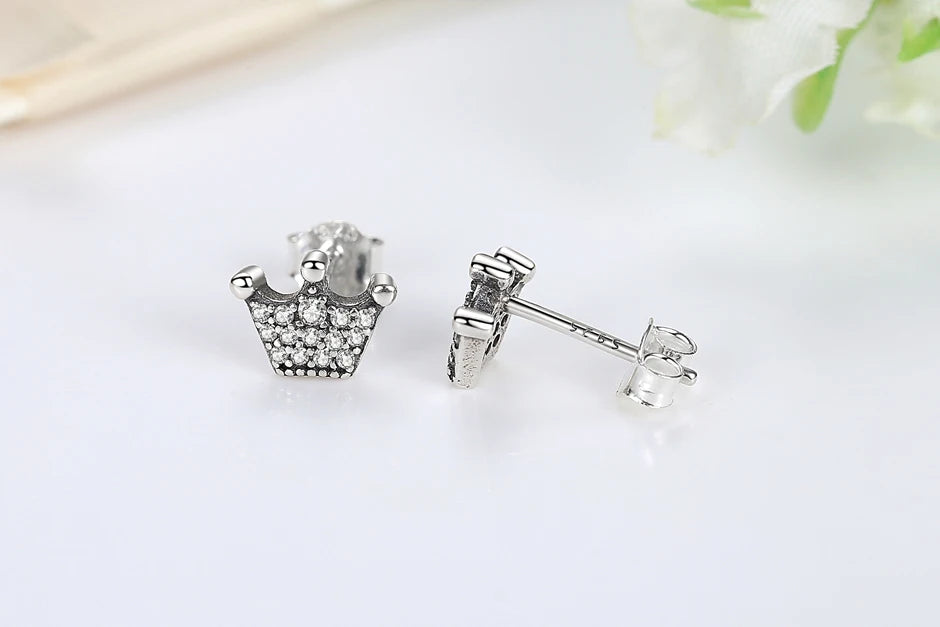 Original 925 Sterling Silver Earrings 2025 Stud Hoop Crystal Earings For Women Rose Gold Crown Heart Infinity Bee Earing Jewelry