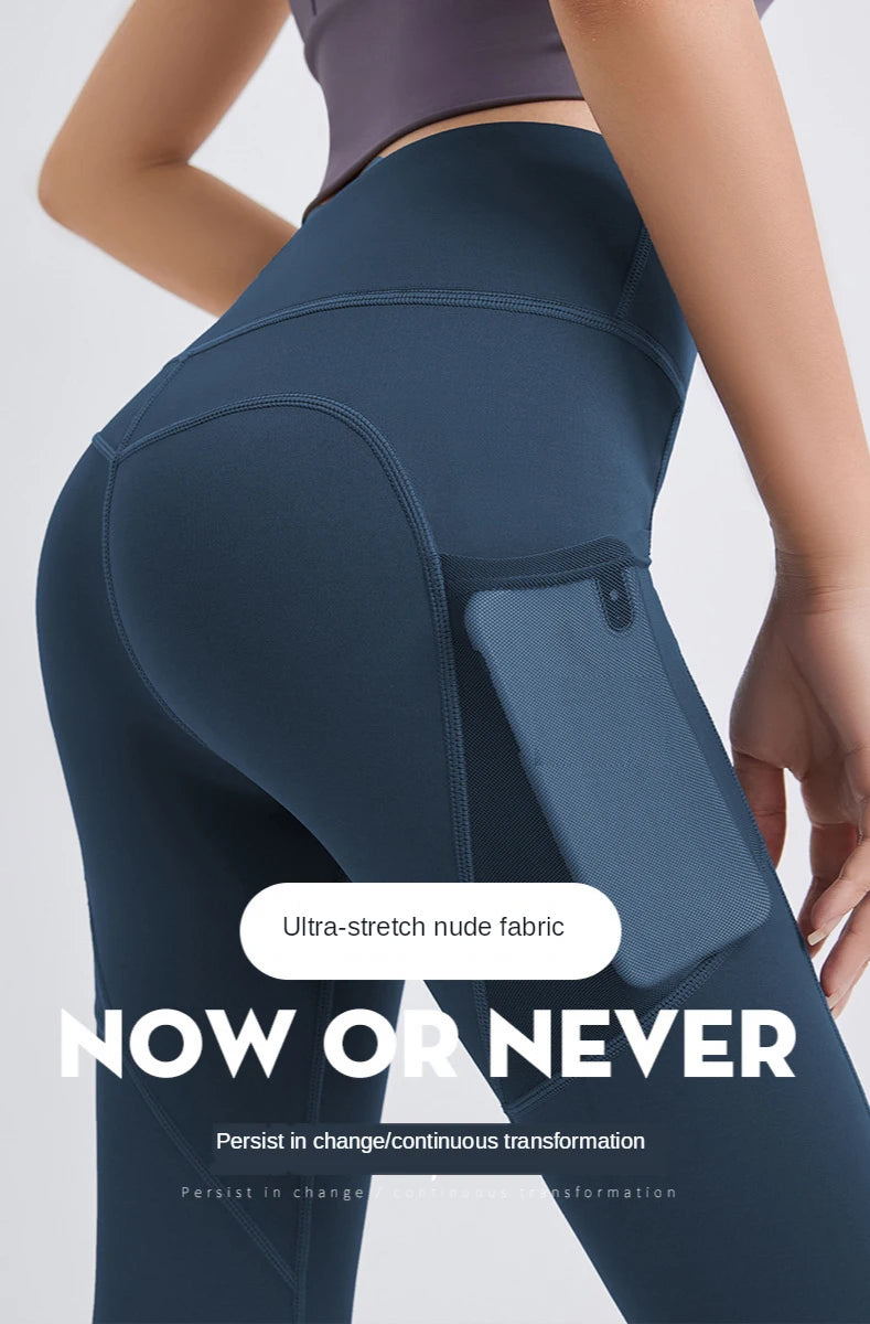 New High Waist Women's Leggings Stretch Yoga Pants Tights With Pockets Push Up Fitness Running Sportswear Solid Color Pants