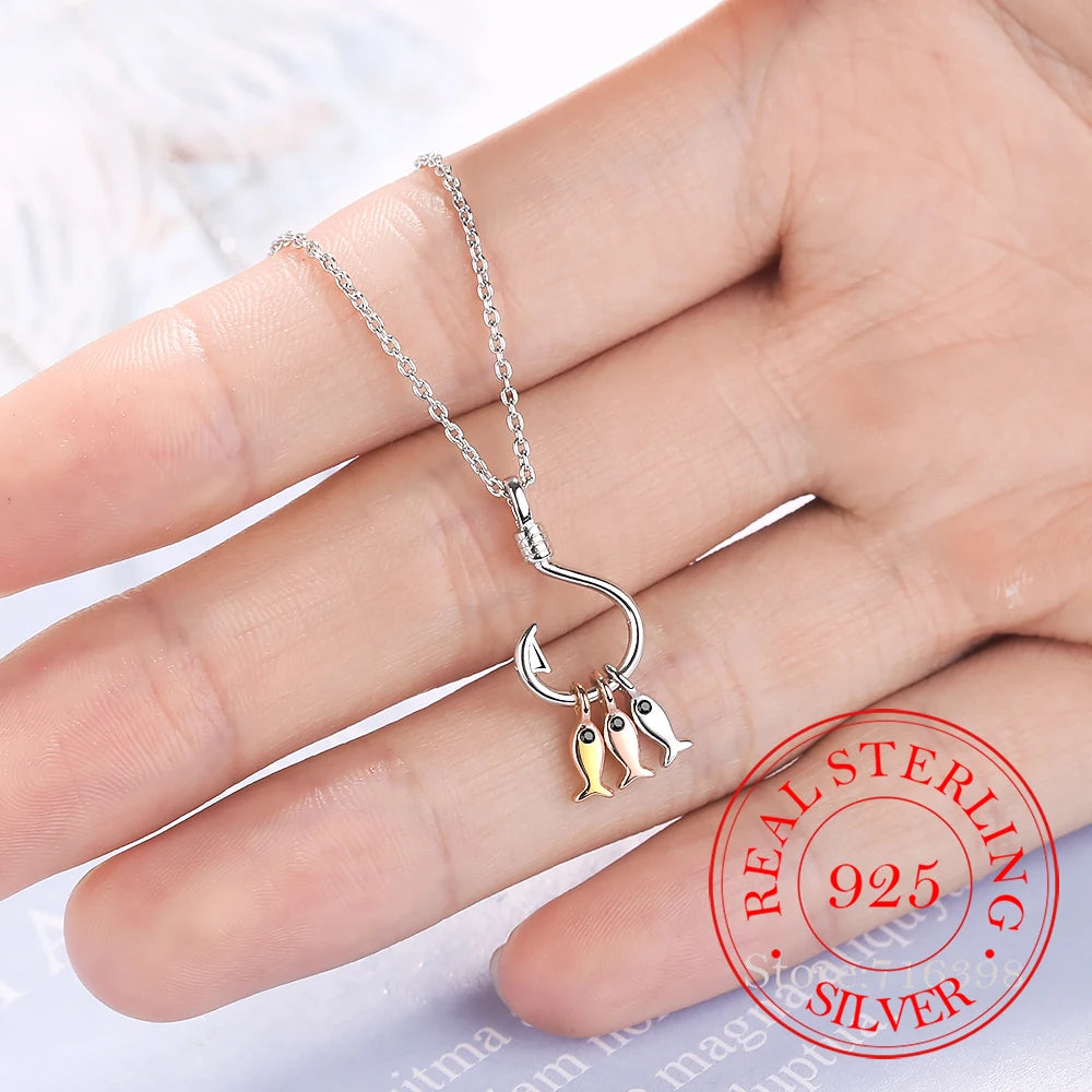 925 Sterling Silver Necklace For Women Cute Fish and Fish Hook Necklace Colar De Prata Chain Jewelry