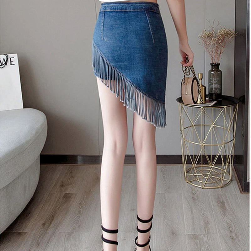 Korean New Tassel Summer Denim Skirt Zipper High Waist Korean Short Skirt Women Mini Jeans Skirt Sexy Warp Vintage Skirts