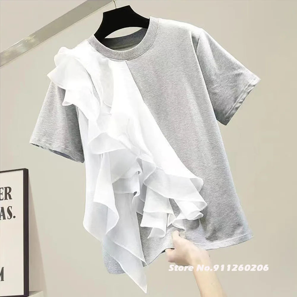 Patchwork Ruffle White Tops For Women O Neck Short Sleeve Casual T Shirt Female Fashion New Clothing 2022 Summer