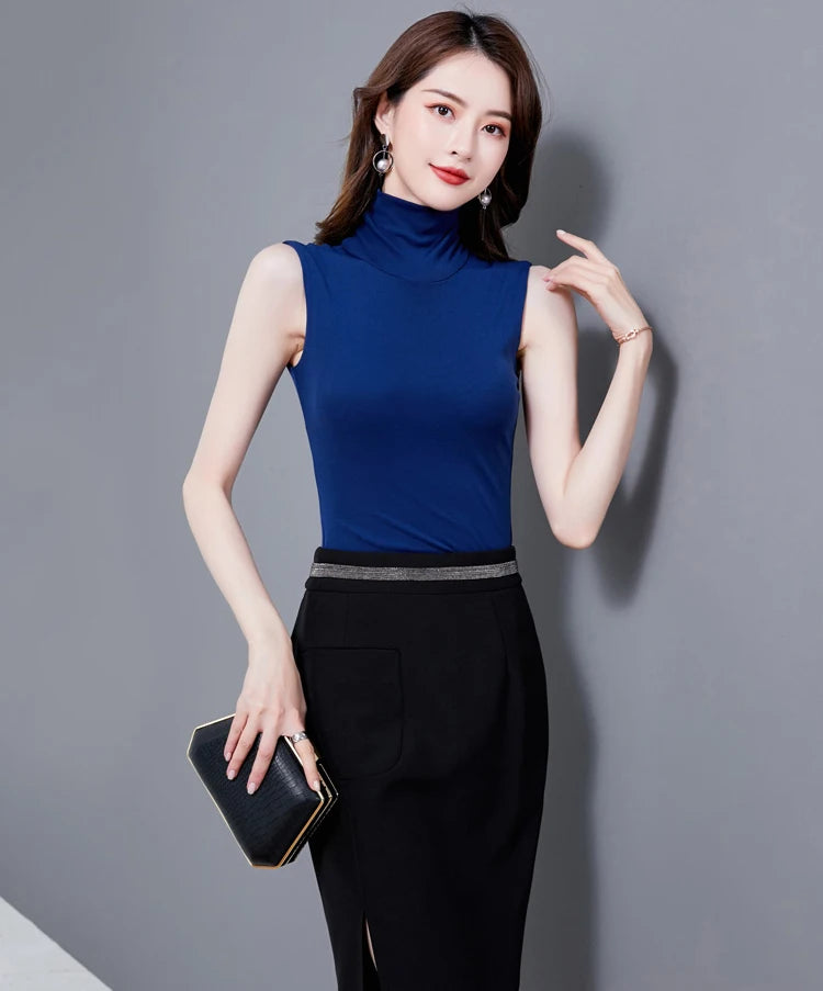 Summer Tops For Women 2025 Turtleneck Basic Sleeveless Lace Tank Tops Women Female Top Korean Tees Black White Blue