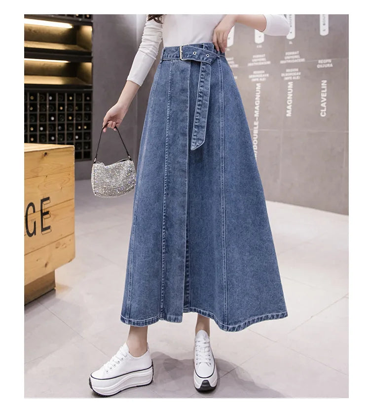 Jeans Skirt For Women Ladies Denim Long High Waist A-Line Button Clothes 2021 Summer Fashion Korean Style Elegant Outwear