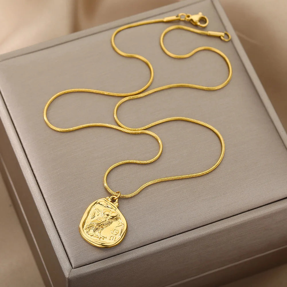 Vintage Coin Necklaces For Women Owl Choker Pendant Necklace Collar Bohemia Carved Freedom Letter Jewelry Gift Bijoux Femme