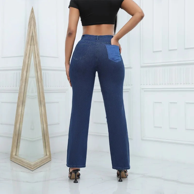 2025 Women's High Waist Straight Jeans Elegant Vintage Denim Fabric with Woven Weave Fashionable Hip Hop Style for Autumn