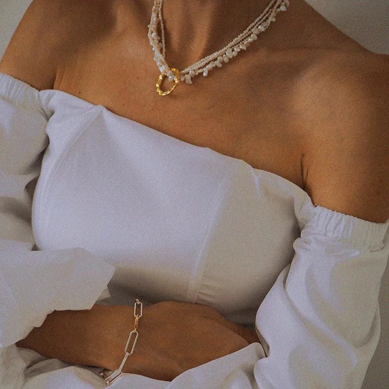 Natural Pearl Layered Necklace Women Wedding  Jewelry Runway Party Japan Souch Korea Fashion