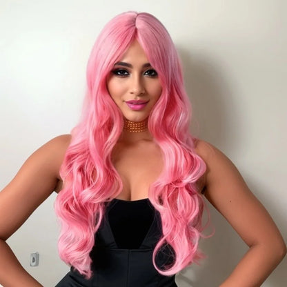 European and American Wig Women's Hair Bangs Long Hair Big Waves pink Lacy Average Size Chemical Fiber Wig