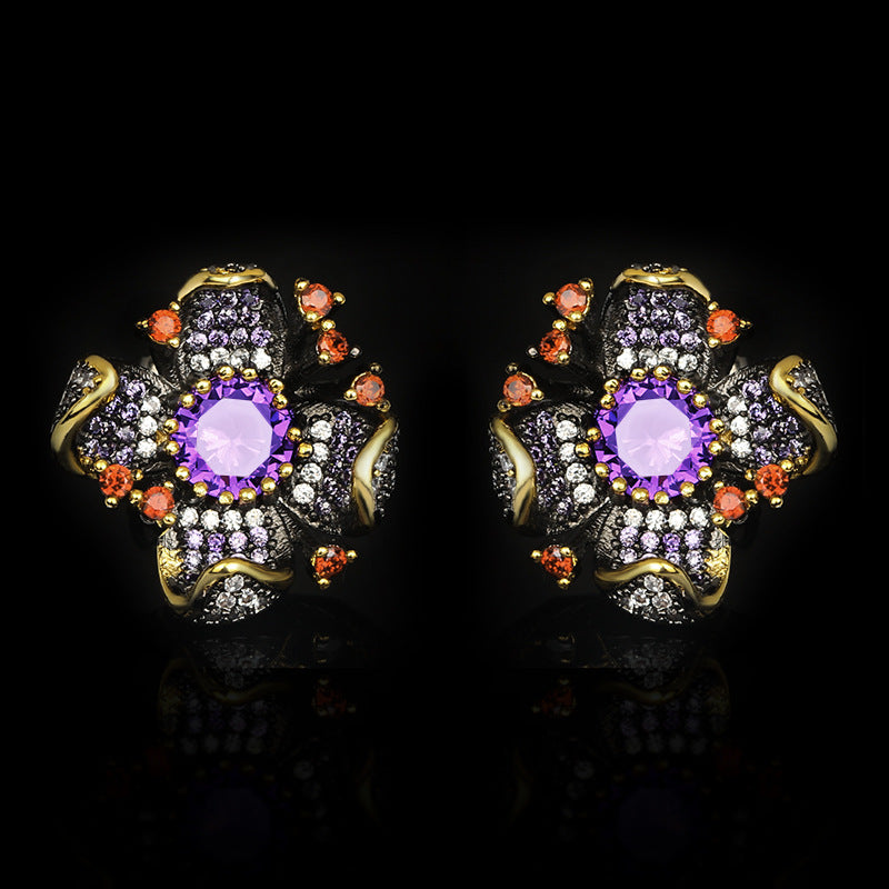 New European and American Flower Earrings Sunflower Zircon Earrings Black Gold Earrings Women's Bridal Earrings