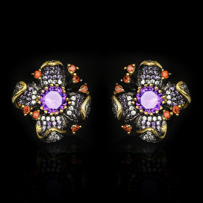 New European and American Flower Earrings Sunflower Zircon Earrings Black Gold Earrings Women's Bridal Earrings