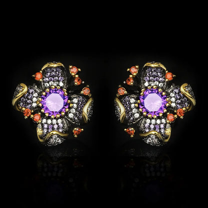 New European and American Flower Earrings Sunflower Zircon Earrings Black Gold Earrings Women's Bridal Earrings