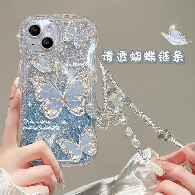 Luxury Gradient With Bracelet Chain Wave Phone Case for Iphone 14 13 12 11 15 Pro Max Glitter Bling Butterfly Mobile Phone Cases