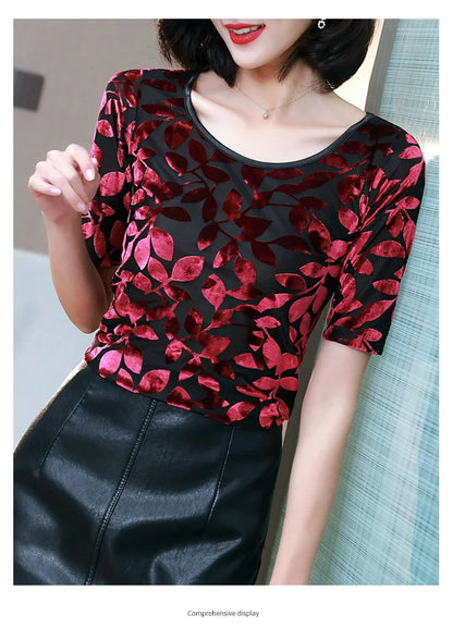 New Summer tops for Women Round neck Velvet burnt flower gauze t-shirt Short sleeve Women shirt