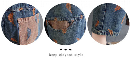 Jeans For Women Spring Street Feather Embroidery Color Contrast Loose Thin Drawstring Pockets Elastic Waist Denim Pants Female