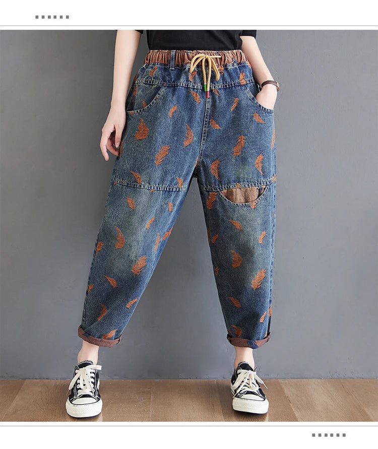 Jeans For Women Spring Street Feather Embroidery Color Contrast Loose Thin Drawstring Pockets Elastic Waist Denim Pants Female