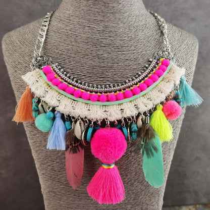 Bohemian Necklaces Pendants Women Handmade Pompom Collar Bib Choker Statement Necklace Ethnic Fashion Jewelry