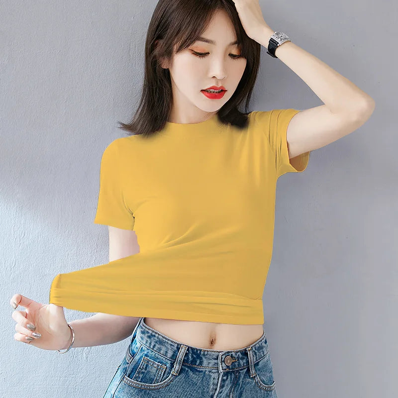 Women T-shirt Short sleeve tshirt for woman Turtleneck Solid Color Women's Top Spring Summer Cotton Shirt for womens