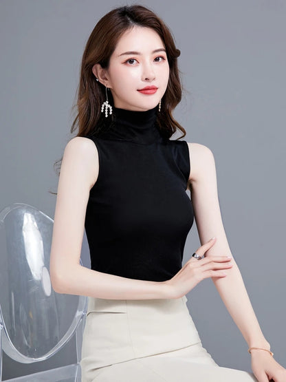 Summer Tops For Women 2025 Turtleneck Basic Sleeveless Lace Tank Tops Women Female Top Korean Tees Black White Blue