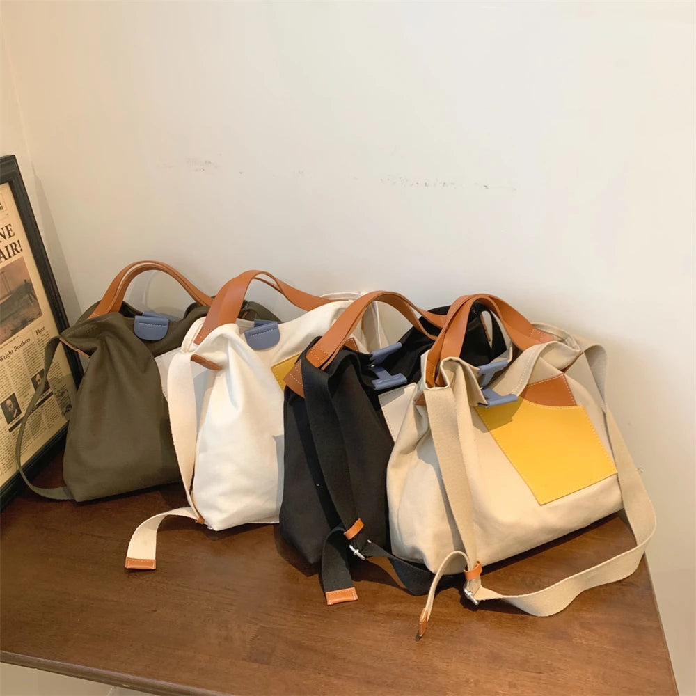 Large Capacity Canvas Tote Bags for Women 2021 New Contrast Color Bucket Travel Bag Simple Fashion Girl's Shopper Shoulder Totes