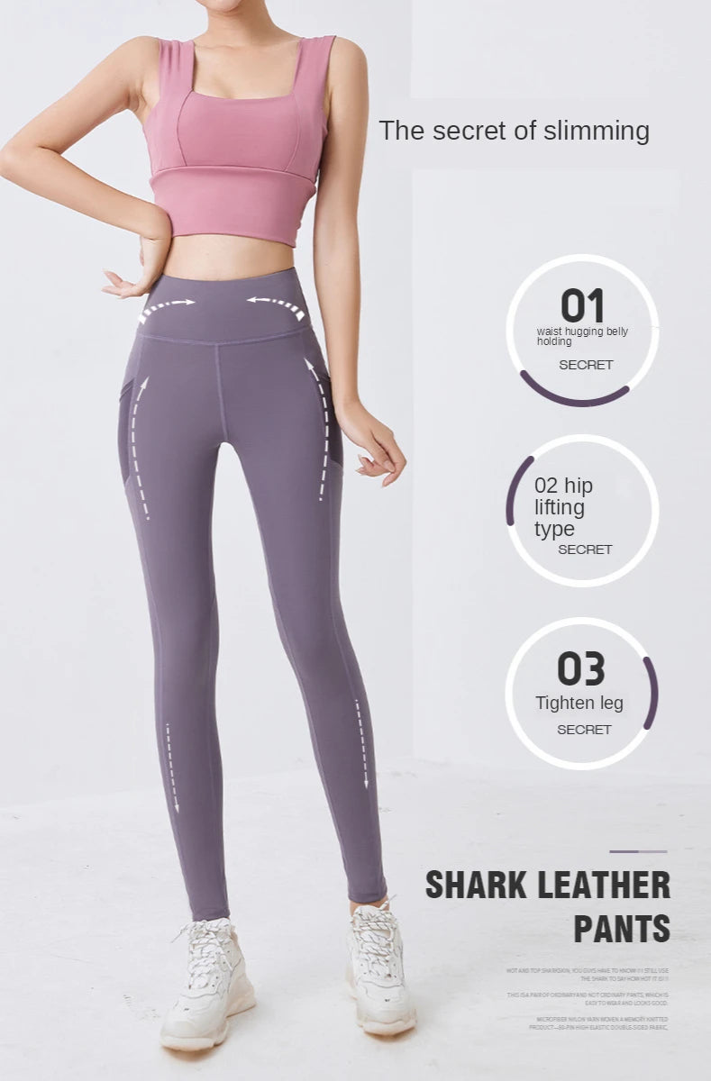 New High Waist Women's Leggings Stretch Yoga Pants Tights With Pockets Push Up Fitness Running Sportswear Solid Color Pants