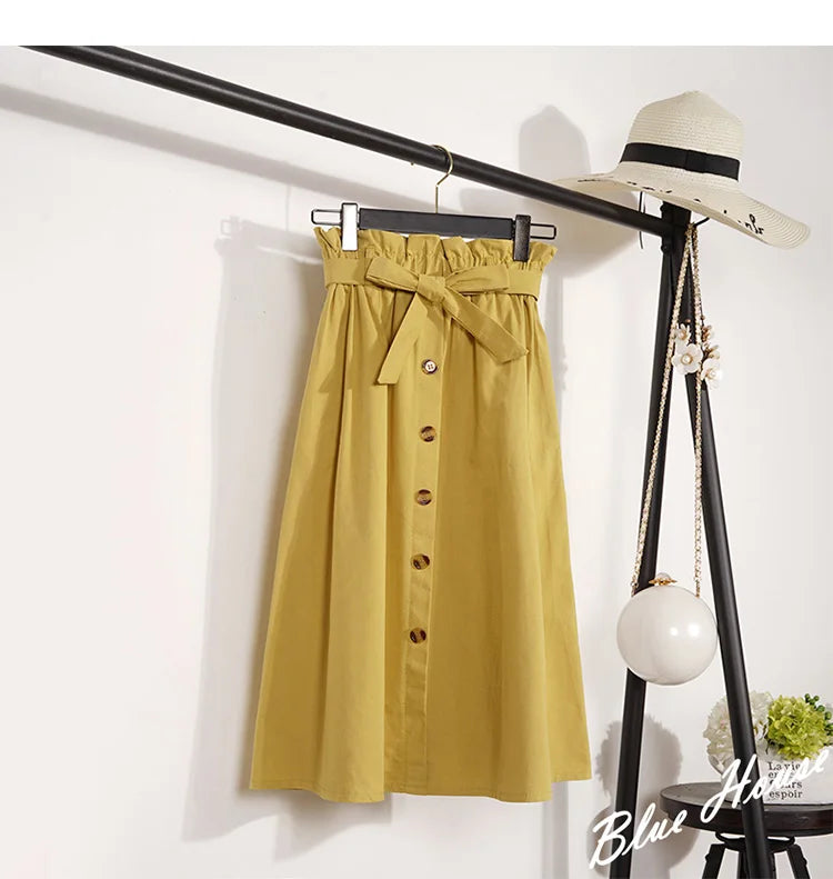Summer Autumn Skirts Womens Midi Knee Length Korean Elegant Button High Waist Skirt Female Pleated School Skirt