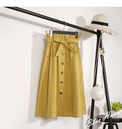 Summer Autumn Skirts Womens Midi Knee Length Korean Elegant Button High Waist Skirt Female Pleated School Skirt