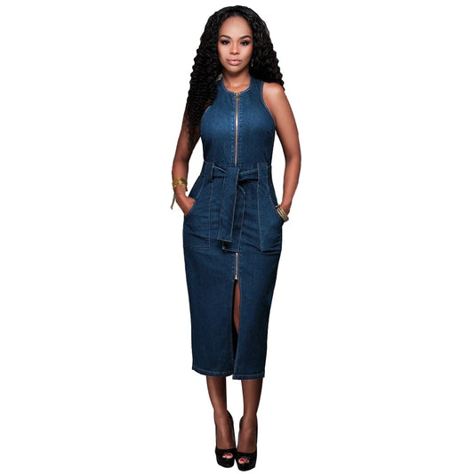 Dresses for Women 2023 Sexy Sleeveless Front Pocket Belt Zipper Slit Slim Fit Bodycon Denim Dress vestido de mujer  femme robe