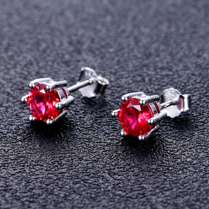 Women's Ear Studs S925 Silver Fine Jewelry Round AAAAA Red Zircon Wedding Engaging Party Gift