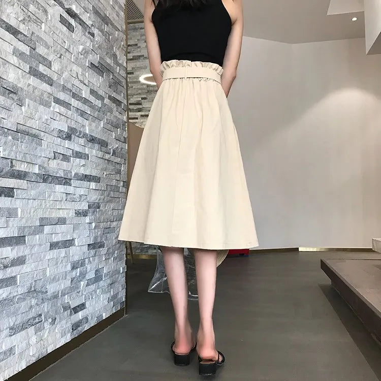 Summer Autumn Skirts Womens Midi Knee Length Korean Elegant Button High Waist Skirt Female Pleated School Skirt