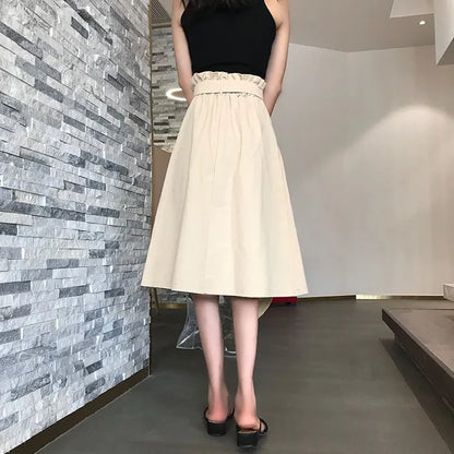 Summer Autumn Skirts Womens Midi Knee Length Korean Elegant Button High Waist Skirt Female Pleated School Skirt