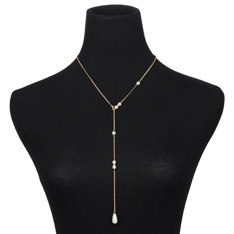 Women Long Necklace Body Sexy Chain Bare Back Water Drop Pearl Pendant Necklaces Backdrop Beach Body Jewelry Chain Necklace