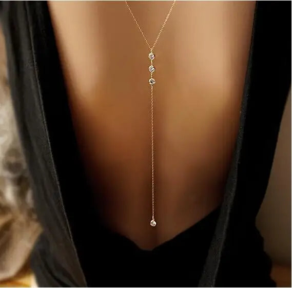 Women Long Necklace Body Sexy Chain Bare Back Gold Silver Crystal Rhinestone Pendant Chain Necklace Backdrop Beach Body Jewelry