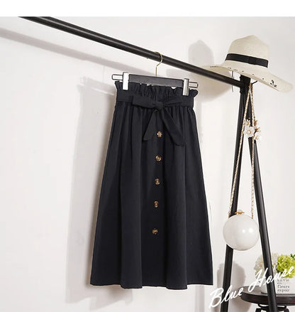 Summer Autumn Skirts Womens Midi Knee Length Korean Elegant Button High Waist Skirt Female Pleated School Skirt