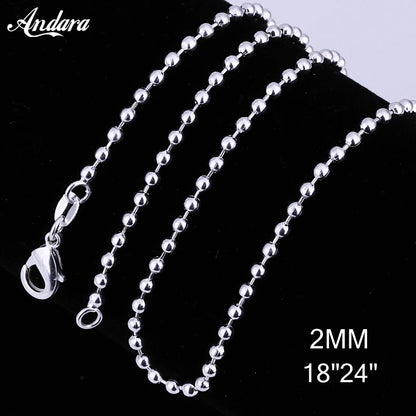 Wholesale 2MM 18''24'' Beaded Necklaces 925 Sterling Silver Simple Fashion Bead Necklace for Women Jewelry Accessories
