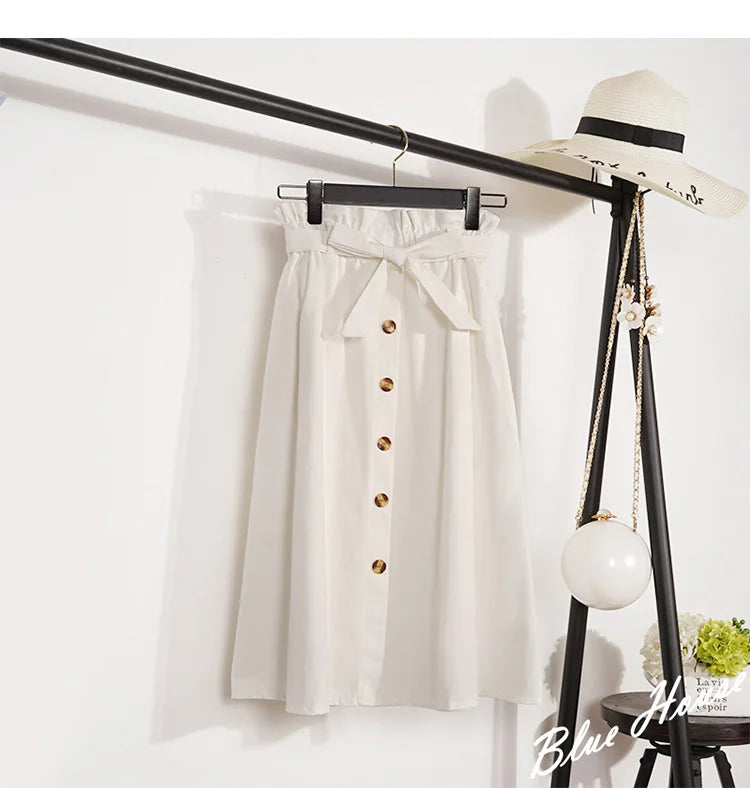 Summer Autumn Skirts Womens Midi Knee Length Korean Elegant Button High Waist Skirt Female Pleated School Skirt