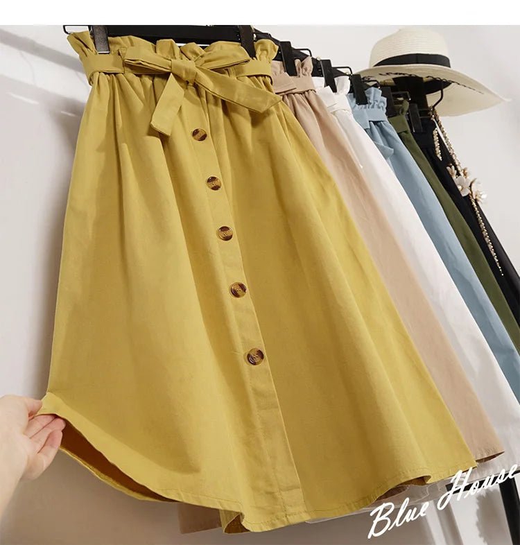 Summer Autumn Skirts Womens Midi Knee Length Korean Elegant Button High Waist Skirt Female Pleated School Skirt