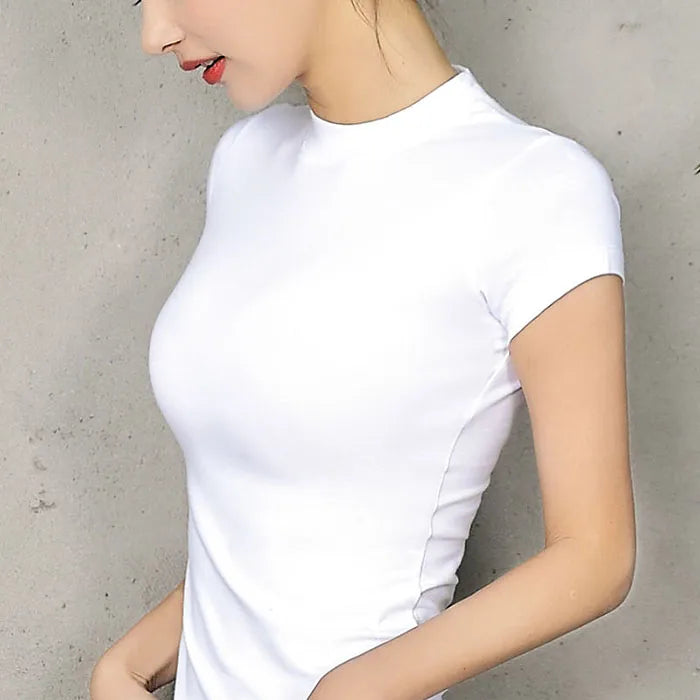 Women T-shirt Short sleeve tshirt for woman Turtleneck Solid Color Women's Top Spring Summer Cotton Shirt for womens