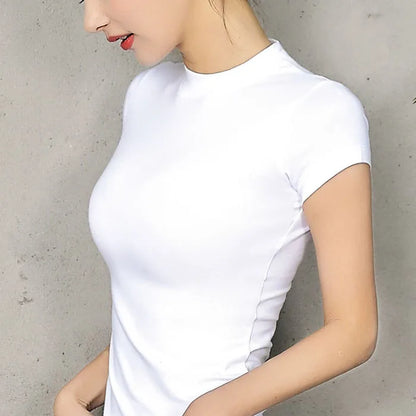 Women T-shirt Short sleeve tshirt for woman Turtleneck Solid Color Women's Top Spring Summer Cotton Shirt for womens