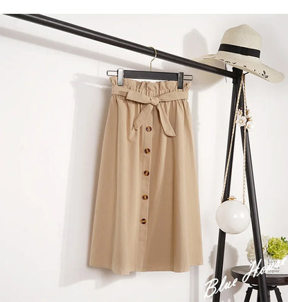 Summer Autumn Skirts Womens Midi Knee Length Korean Elegant Button High Waist Skirt Female Pleated School Skirt