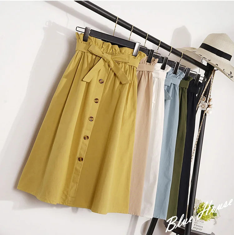 Summer Autumn Skirts Womens Midi Knee Length Korean Elegant Button High Waist Skirt Female Pleated School Skirt