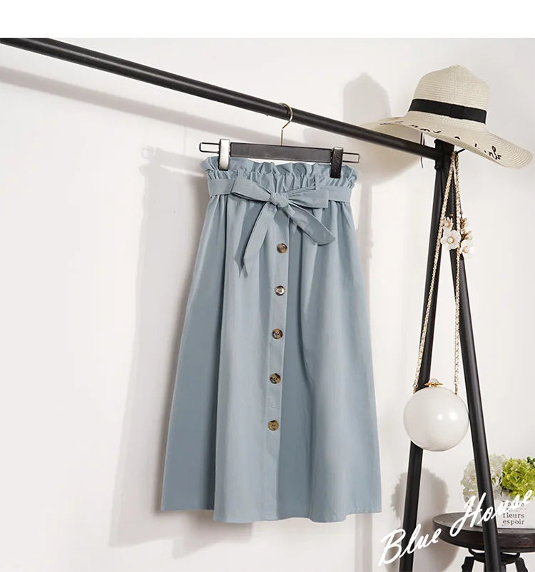 Summer Autumn Skirts Womens Midi Knee Length Korean Elegant Button High Waist Skirt Female Pleated School Skirt