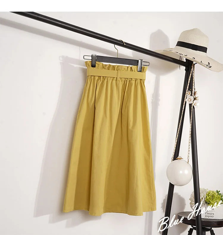 Summer Autumn Skirts Womens Midi Knee Length Korean Elegant Button High Waist Skirt Female Pleated School Skirt