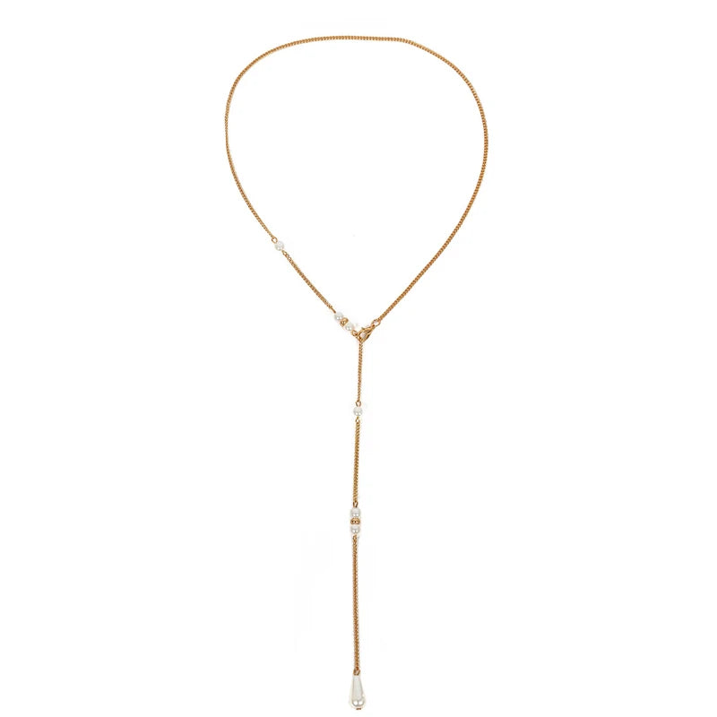 Women Long Necklace Body Sexy Chain Bare Back Water Drop Pearl Pendant Necklaces Backdrop Beach Body Jewelry Chain Necklace