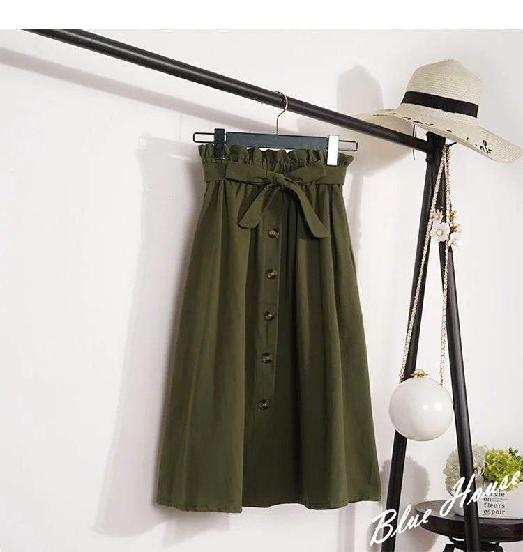Summer Autumn Skirts Womens Midi Knee Length Korean Elegant Button High Waist Skirt Female Pleated School Skirt