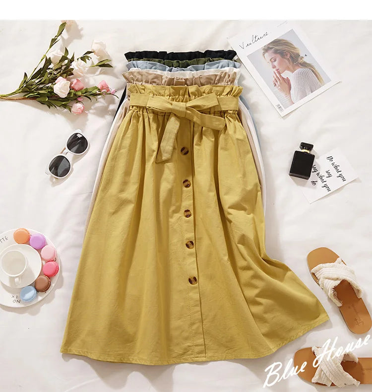 Summer Autumn Skirts Womens Midi Knee Length Korean Elegant Button High Waist Skirt Female Pleated School Skirt