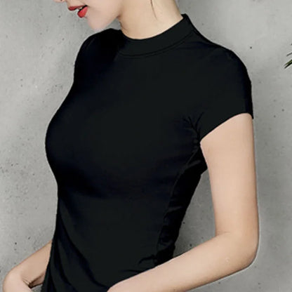 Women T-shirt Short sleeve tshirt for woman Turtleneck Solid Color Women's Top Spring Summer Cotton Shirt for womens