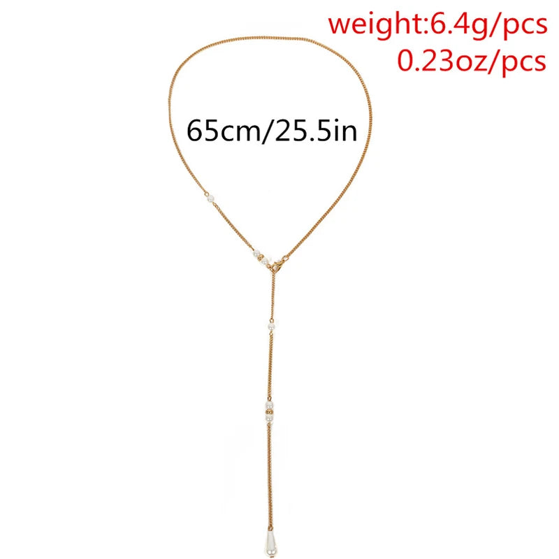 Women Long Necklace Body Sexy Chain Bare Back Water Drop Pearl Pendant Necklaces Backdrop Beach Body Jewelry Chain Necklace